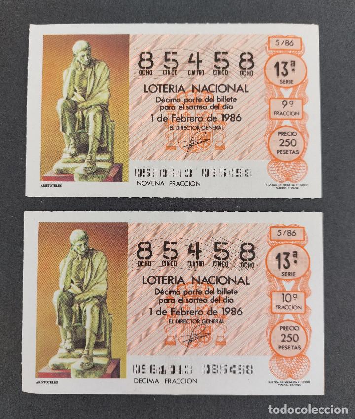 National Spanish Lottery: 2 D&Eacute;CIMOS LOTER&Iacute;A CAPIC&Uacute;A - N&ordm; 85458 - Serie: 13&ordf; - Fracci&oacute;n 9&ordf; y 10&ordf; - Sorteo: 01/02/1986