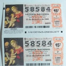 Lotería Nacional: TRES DÉCIMOS DE LOTERIA DEL GORDO DE NAVIDAD. NUMERO 58584. 22 DE DICIEMBRE 2000. LA BICOCA, MADRID.. Lote 357509305
