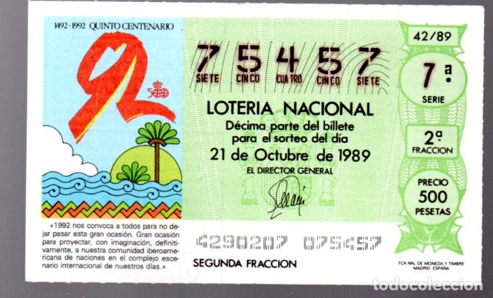 National Spanish Lottery: LOTER&Iacute;A NACIONAL - 21 DE OCTUBRE DE 1989 - SORTEO 42 - N&Uacute;MERO CAPICUA -