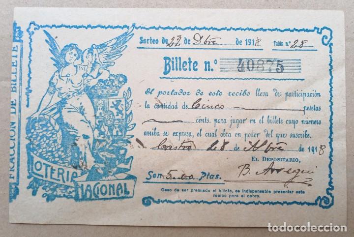 Loter&iacute;a nacional: FRACCION DE BILLETE DE LOTERIA NACIONAL, CASTRO URDIALES- SORTEO 21 DICIEMBRE 1918.