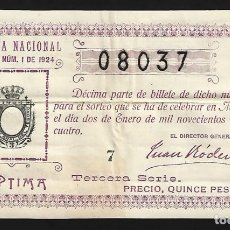 Lotería Nacional: LOTERIA NACIONAL. DECIMO DEL SORTEO 1 DE 2 DE ENERO DE 1924. LOTE 0054