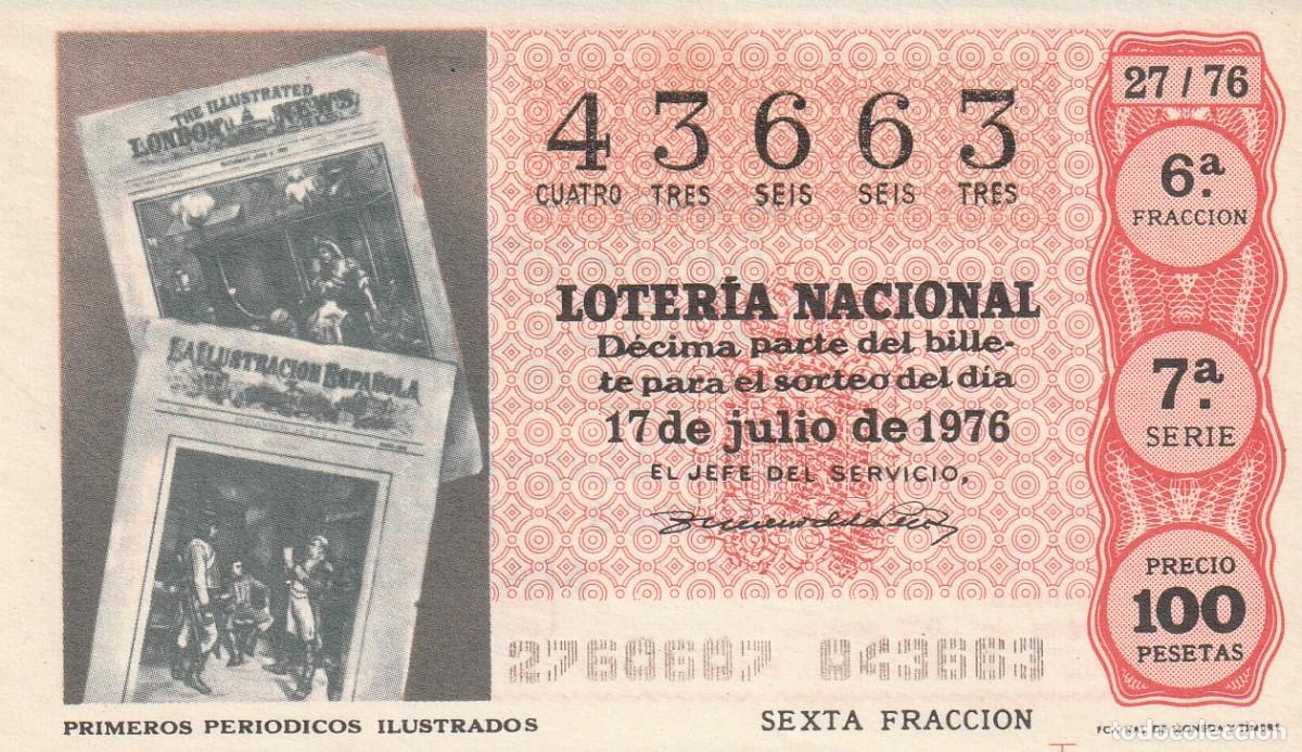 Lotaria Nacional: 1 DECIMO LOTERIA SABADO 17 JULIO 1976 27/76 INVENTOS PRIMEROS PERIODICOS PRENSA ILUSTRADO COLOR ROJO