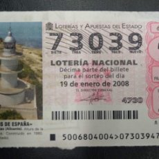 Lotería Nacional: FAROS DE ESPAÑA- CABO DE HUERTAS (ALICANTE) 19 ENERO 2008. Lote 364845541