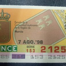 Lotería Nacional: ONCE, ESCUDO DE LA COMUNIDAD AUTONOMA DE LA REGION DE MURCIA AGOST 1998. Lote 366674901