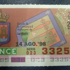 Lotería Nacional: ONCE, ESCUDO DE LA COMUNIDAD AUTONOMA DE LA RIOJA AGOST 1998. Lote 366674971