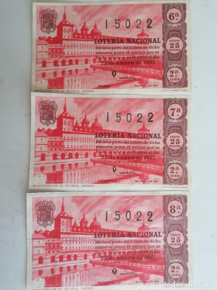 Loter&iacute;a Nacional: 3 DECIMOS DE LOTERIA NACIONAL, 15 DE ENERO 1962, SAGRADA FAMILIA-BARCELONA