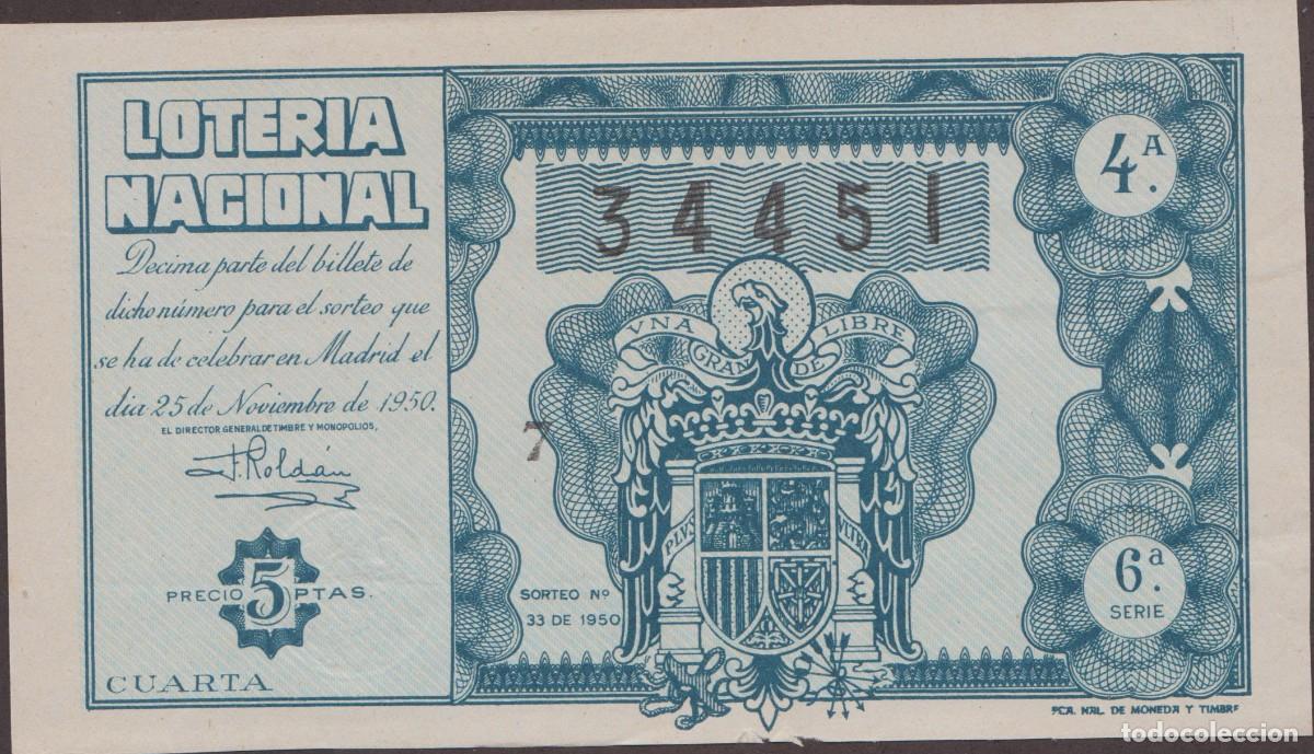 National Spanish Lottery: LOTERIA NACIONAL - SORTEO - 33 - 1950 - SERIE 6&ordf; FRACCI&Oacute;N 4&ordf; - ADM.- 12 - BARCELONA