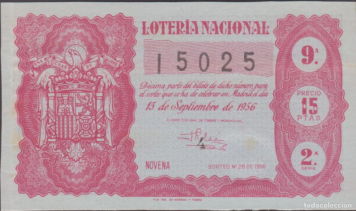 National Spanish Lottery: LOTERIA NACIONAL - SORTEO - 26-1956 - SERIE 2&ordf; FRACCI&Oacute;N 9&ordf; - - ADM.- 4 - MALAGA