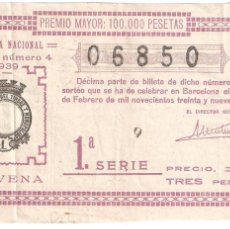 Lotería Nacional: MADRID SORTEO NÚM.4 DE 1 DE FEBRERO 1939 TRES PESETAS ACELEBRAR EN BARCELONA. ADMÓN. Nº 58 DE MADRID. Lote 376247529