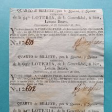 Lotteria Nationale Spagnola: AÑO 1801 - LOTERIA DE LA GENERALIDAD DE CATALUÑA - LOTERIA BATAVA 3 BILLETES CONSECUTIVOS SIN CORTAR