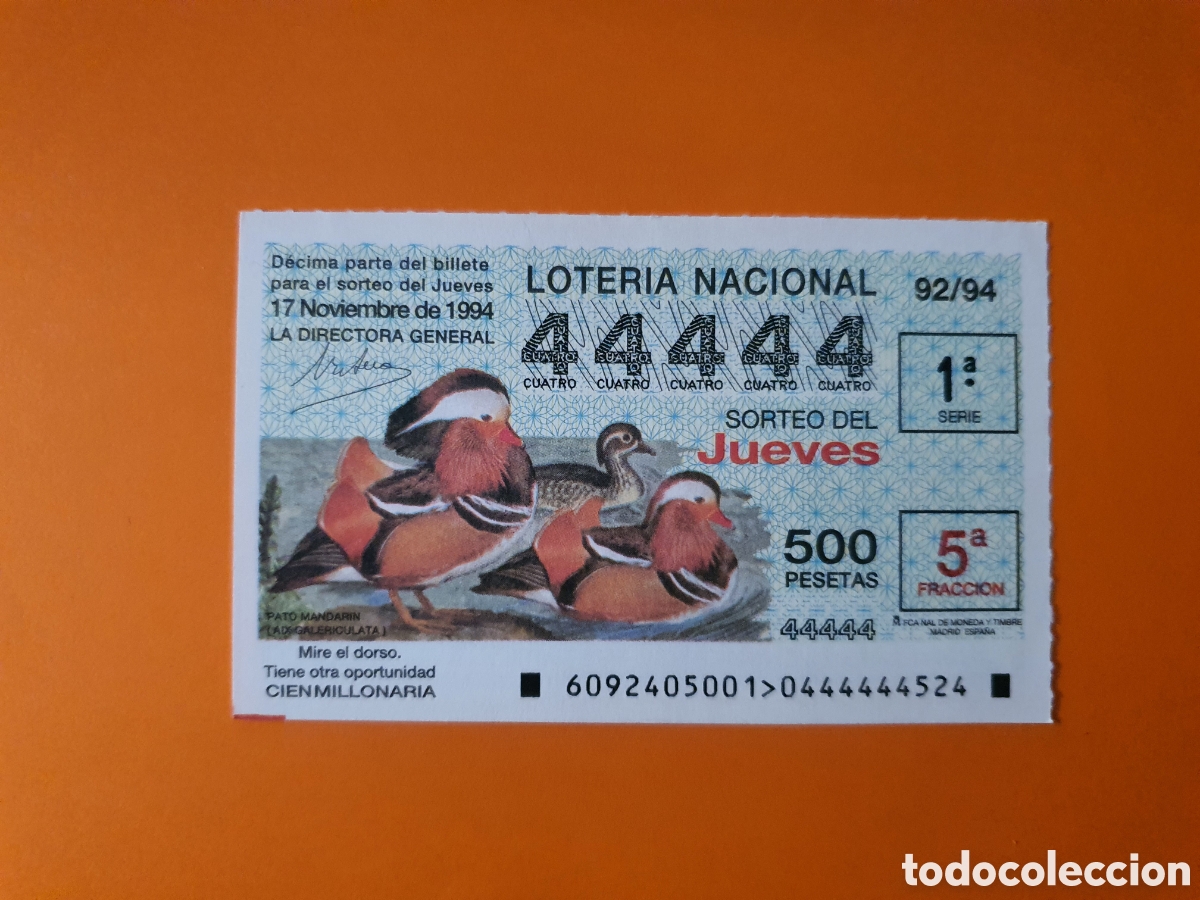 Loter&iacute;a Nacional: D&eacute;cimo de loter&iacute;a n&deg; 44444 a&ntilde;o 1994 imagen pato mandar&iacute;n