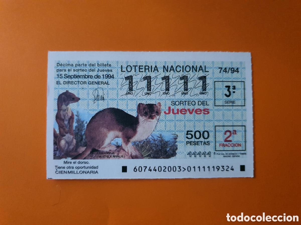 Loter&iacute;a Nacional: D&eacute;cimo de loter&iacute;a n &deg; 11111 a&ntilde;o 1994 imagen comadreja