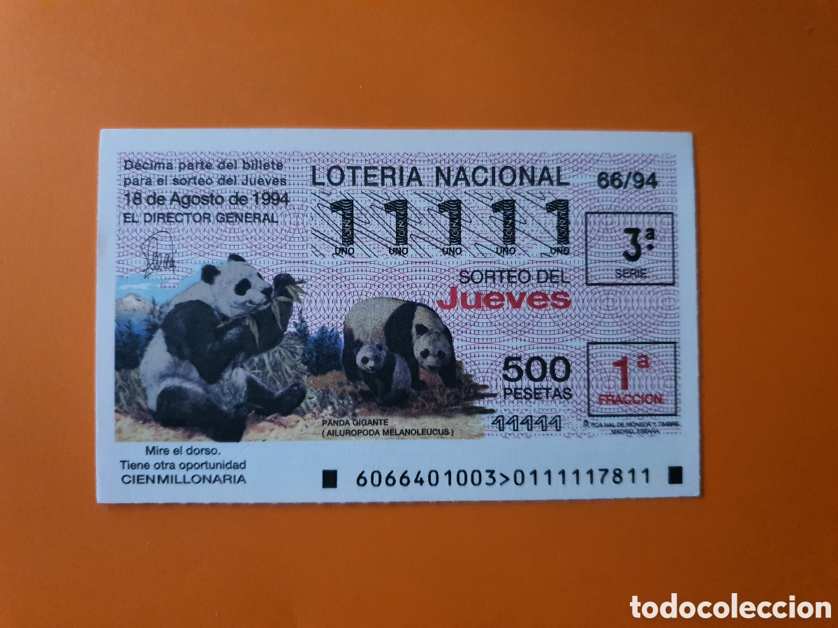Loter&iacute;a Nacional: D&eacute;cimo de loter&iacute;a n &deg; 11111 a&ntilde;o 1994 imagen panda gigante
