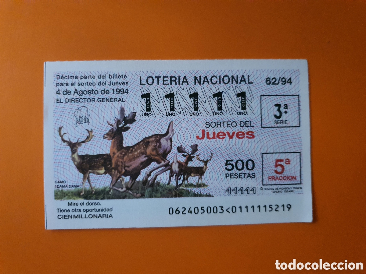Loter&iacute;a Nacional: D&eacute;cimo de loter&iacute;a n &deg; 11111 a&ntilde;o 1994 imagen gamo