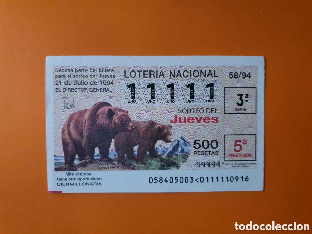 Loter&iacute;a Nacional: D&eacute;cimo de loter&iacute;a n &deg; 11111 a&ntilde;o 1994 imagen oso pardo