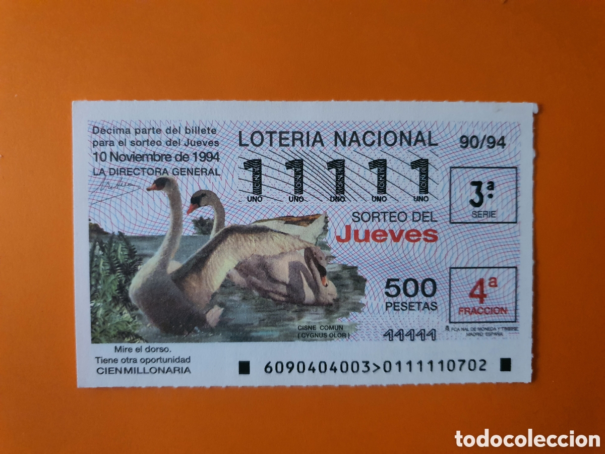 Loter&iacute;a Nacional: D&eacute;cimo de loter&iacute;a n &deg; 11111 a&ntilde;o 1994 imagen cisne com&uacute;n