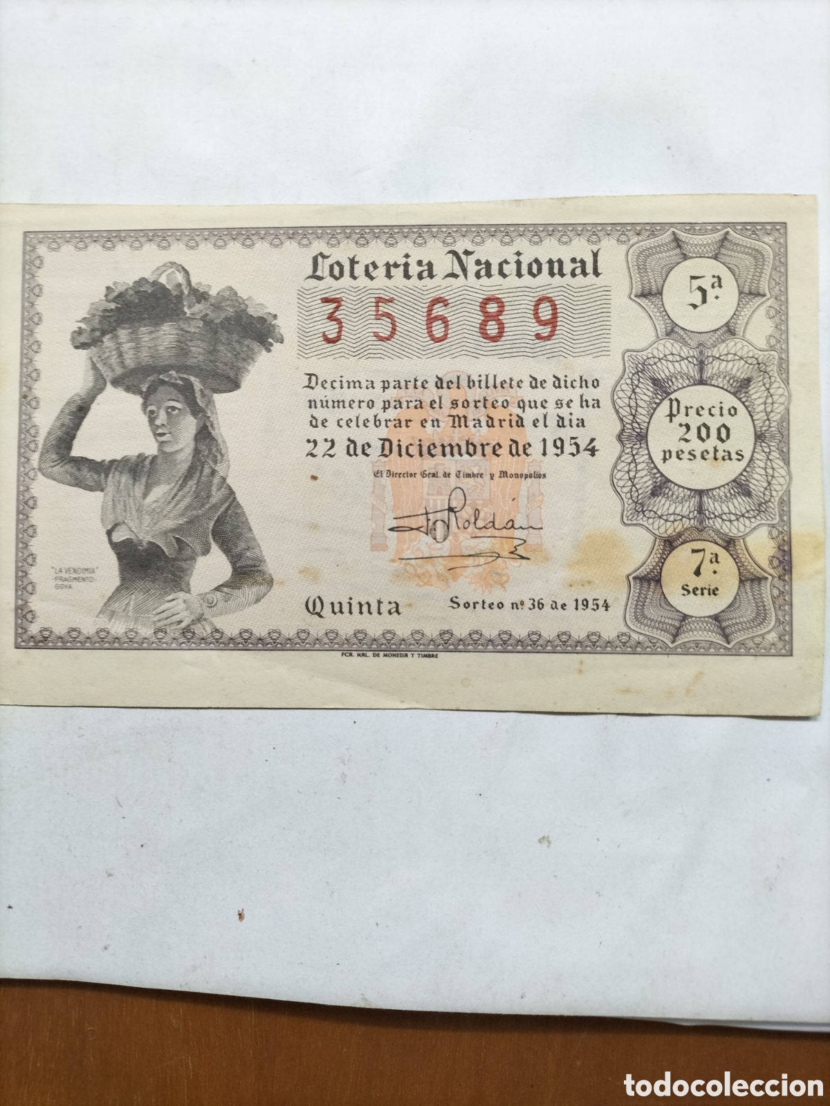 National Spanish Lottery: Antiguo d&eacute;cimo de Loter&iacute;a del 22 de Diciembre de 1954. Admon Nuestra Se&ntilde;ora de F&aacute;tima. V&eacute;lez -Malaga