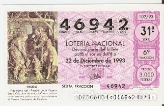 Loter&iacute;a nacional: D&eacute;cimo Loter&iacute;a. a&ntilde;o 1993 n&ordm; 102. Navidad. Retablo de la Virgen. 9-93102
