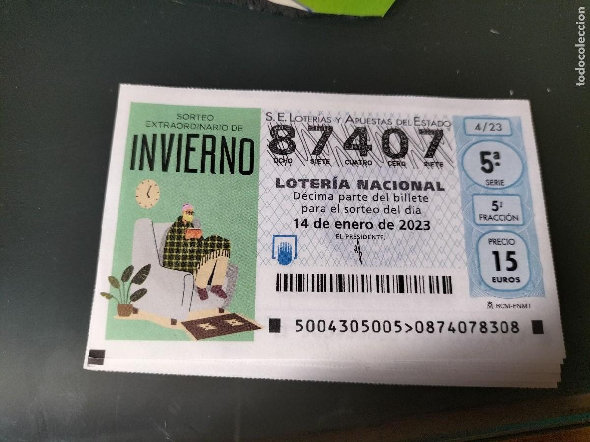 National Spanish Lottery: 1 DECIMO LOTERIA SABADO 14 ENERO 2023 - 4/23 - SORTEO EXTRAORDINARIO DE INVIERNO (COLOR VERDE CLARO