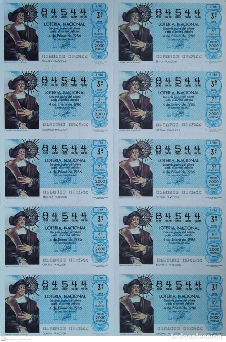 Loter&iacute;a Nacional: Espa&ntilde;a. Loter&iacute;a. 1986. Sorteo: 1 Crist&oacute;bal Col&oacute;n, El Navegante. Fecha: 4 Enero. 10 D&eacute;cimos en hoja.