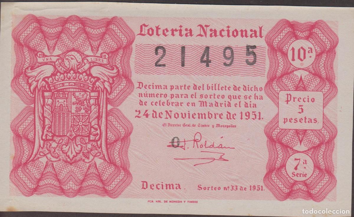 National Spanish Lottery: LOTERIA NACIONAL - SORTEO - 33 -1951 - SERIE 7&ordf; FRACCI&Oacute;N 10&ordf; - ADM.- 29 - BARCELONA