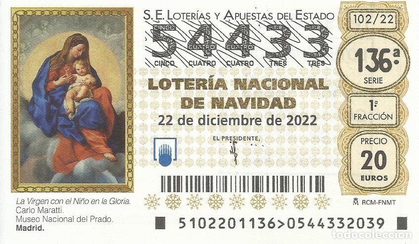 Loter&iacute;a nacional: Loteria de Navidad. Cup&oacute;n 2022. N&ordm; 54433. 7x11 cm. Barcelona. N&ordm; 155.