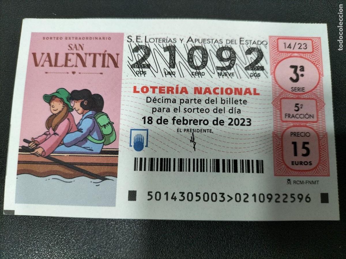 National Spanish Lottery: 1 DECIMO LOTERIA SABADO - 18 FEBRERO 2023 - 14/23 - SAN VALENTIN ( ENAMORADOS EN CANOA