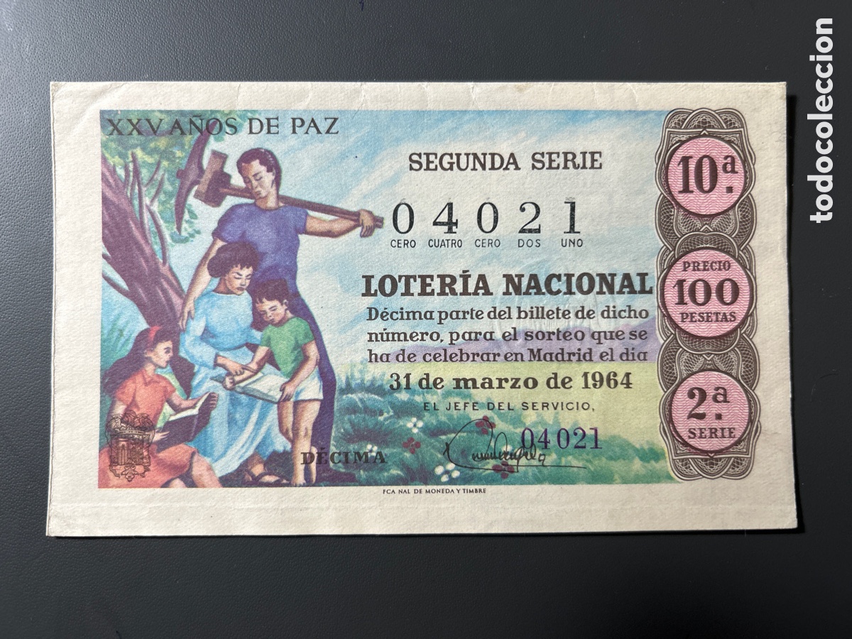 Nationale spanische Lotterie: Loteria A&ntilde;o 1964 Sorteo 31 Marzo XXV A&ntilde;os de Paz