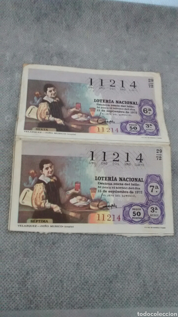Loter&iacute;a nacional: 2 DECIMOS DE LA LOTERIA NACIONAL. SORTEO 15 DE SEPTIEMBRE 1972.VELAZQUEZ. EL NI&Ntilde;O MUSICO