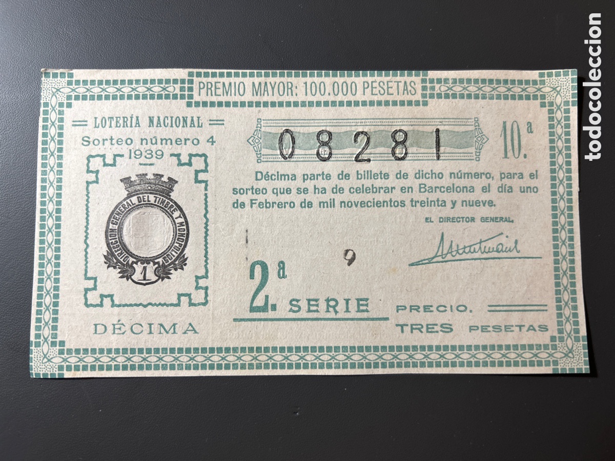 Loter&iacute;a Nacional: Loteria A&ntilde;o 1939 Sorteo 4 color verde