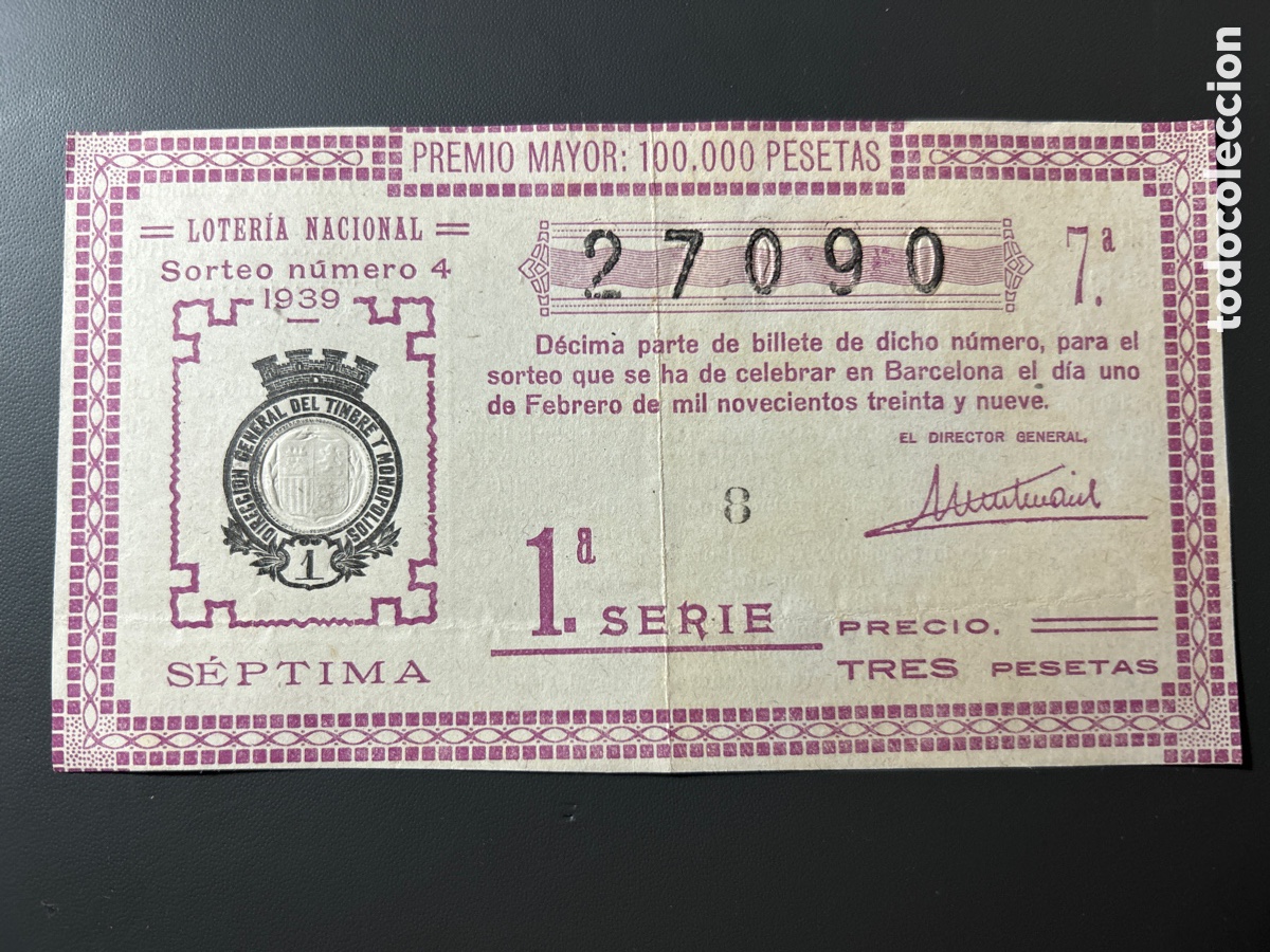 Loter&iacute;a Nacional: Loteria A&ntilde;o 1939 Sorteo 4 color rosa