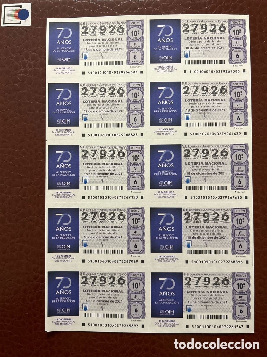 Loterie Nationale: Loteria A&ntilde;o 2021 Sorteo 100 Billete completo