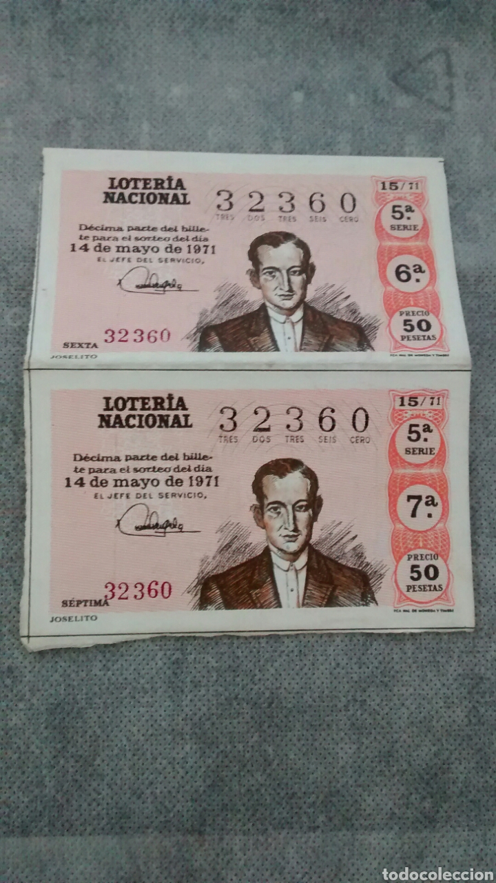 Loter&iacute;a Nacional: 2 DECIMOS DE LA LOTERIA NACIONAL. SORTEO 14 DE MAYO DE 1971. JOSELITO