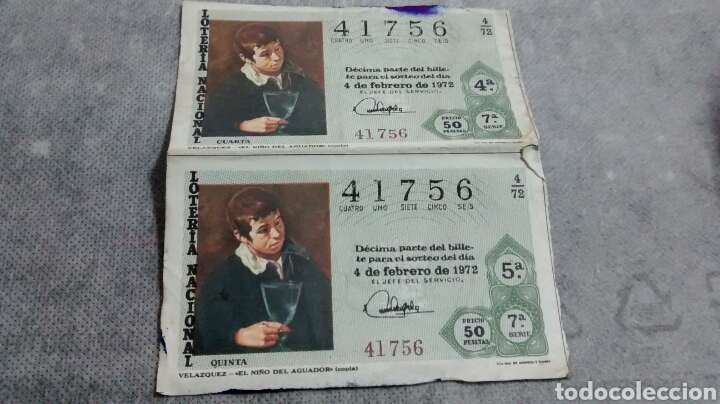 Loter&iacute;a nacional: 2 DECIMOS DE LA LOTERIA NACIONAL. SORTEO 4 FEBRERO 1972. VELAZQUEZ. EL NI&Ntilde;O DEL AGUADOR