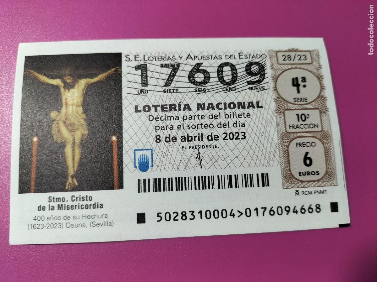 Lotteria Nationale Spagnola: 1 DECIMO LOTERIA SABADO 8 ABRIL 2023 - 28/23 OSUNA (SEVILLA CRISTO DE LA MISERICORDIA SEMANA SANTA
