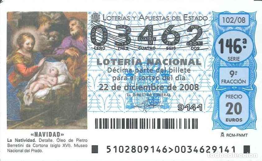 Loter&iacute;a Nacional: LOTERIA NACIONAL - 03462 - 22 DICIEMBRE 2008 - NAVIDAD - LA NATIVIDAD - MUSEO EL PRADO