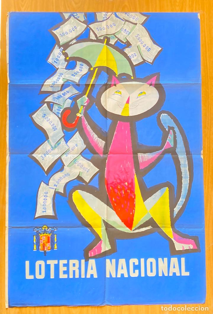 Loter&iacute;a nacional: LOTERIA NACIONAL, CARTEL LITOGRAFICO, GATO CON PARAGUAS - A&Ntilde;OS 40/50