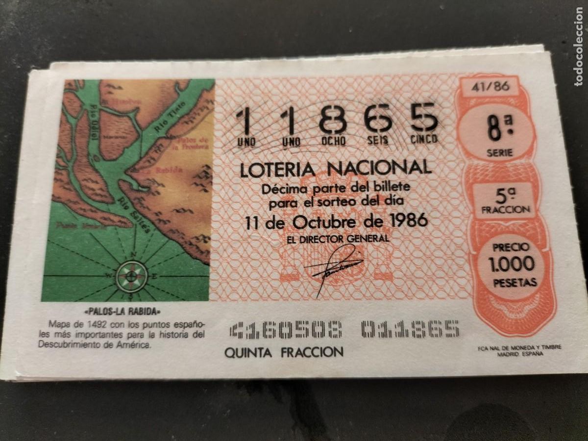 Nationale spanische Lotterie: 1 DECIMO LOTERIA DEL SABADO - 11 OCTUBRE 1986 - 41/86 - PALOS - LA RABIDA