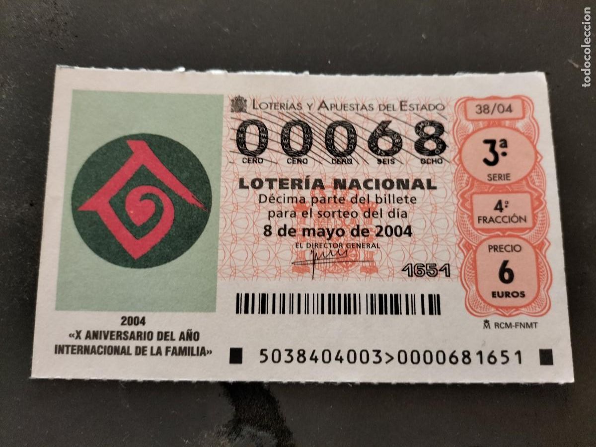 Nationale spanische Lotterie: 1 DECIMO LOTERIA DEL SABADO - 8 MAYO 2004 - 38/04 - X ANIVERSARIO DEL A&Ntilde;O INTERN. DE LA FAMILIA