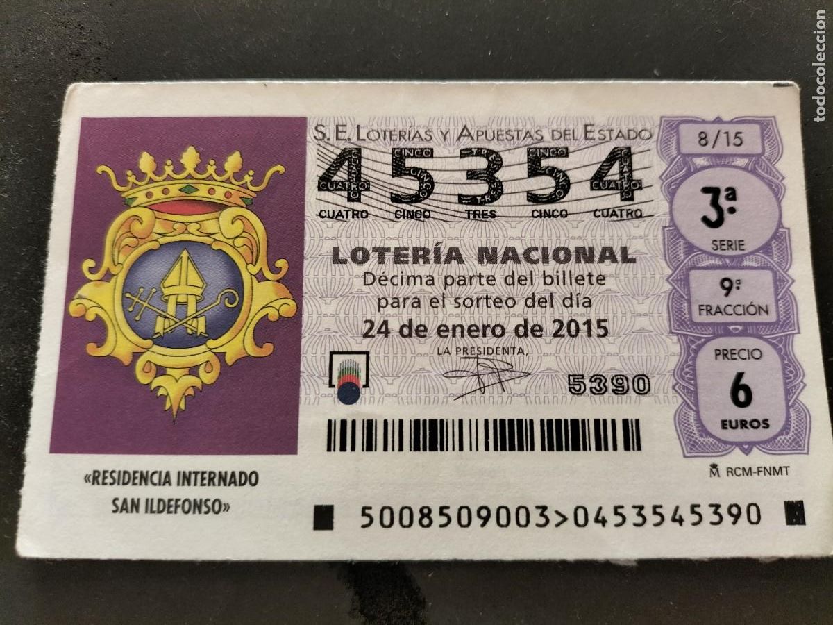 Lotaria Nacional: 1 DECIMO LOTERIA DEL SABADO - 24 ENERO 2015 - 8/15 - RESIDENCIA INTERNADO SAN ILDEFONSO capicua