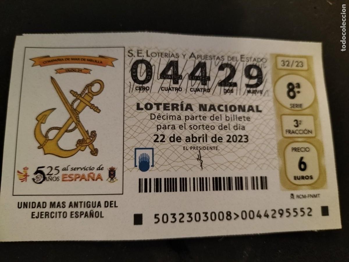 National Spanish Lottery: 1 DECIMO LOTERIA NACIONAL SABADO 22 ABRIL 2023 - 32/23 EJERCITO DE MELILLA UNIDAD DE MAR