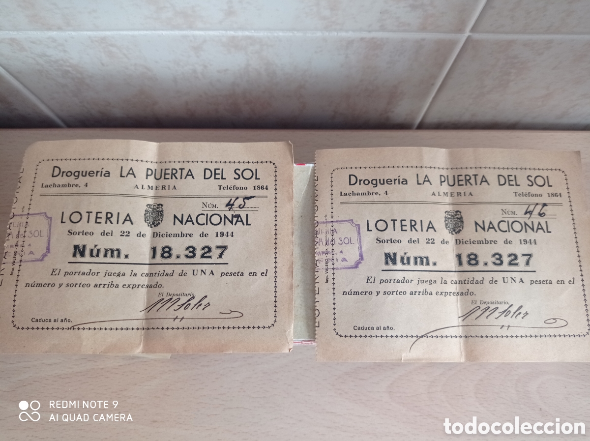 National Spanish Lottery: LOTER&Iacute;A ALMER&Iacute;A DROGUER&Iacute;A LA PUERTA DEL SOL A&Ntilde;O 1944-LOTE DE 2