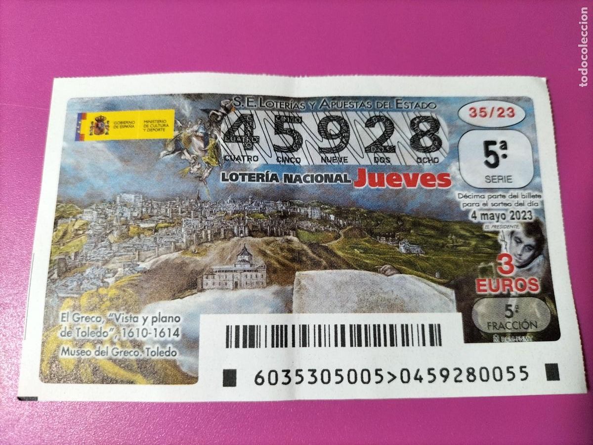 National Spanish Lottery: 1 DECIMO LOTERIA JUEVES 4 MAYO 2023 - 35/23 - VISTA Y PLANO DE TOLEDO POR EL GRECO