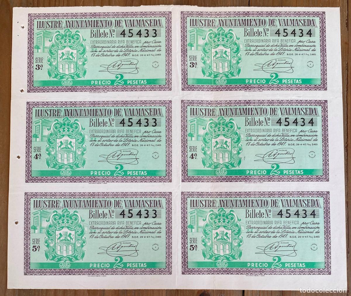 Loterie Nationale: 6 BILLETES DE RIFA BENEFICA ILUSTRE AYUNTAMIENTO DE VALMASEDA, PRO CASA PARROQUIAL DE DICHA VILLA, 1