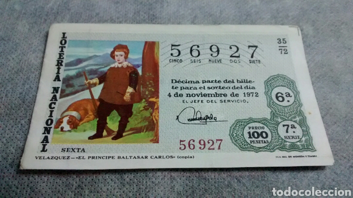 Loter&iacute;a nacional: DECIMO DE LA LOTERIA NACIONAL. SORTEO 4 DE NOVIEMBRE 1972 35/72 VELAZQUEZ. EL PRINCIPE BALTASAR