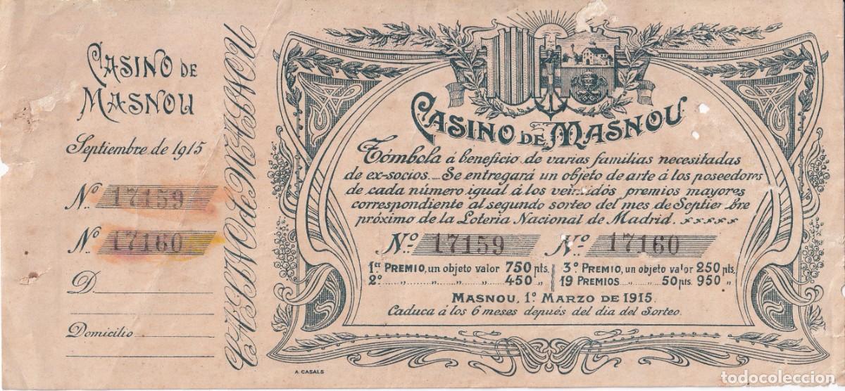 National Spanish Lottery: BILLETE DEL A&Ntilde;O 1915 DEL CASINO DE MASNOU - TOMBOLA A BENEFICIO FAMILIAS NECESITADAS