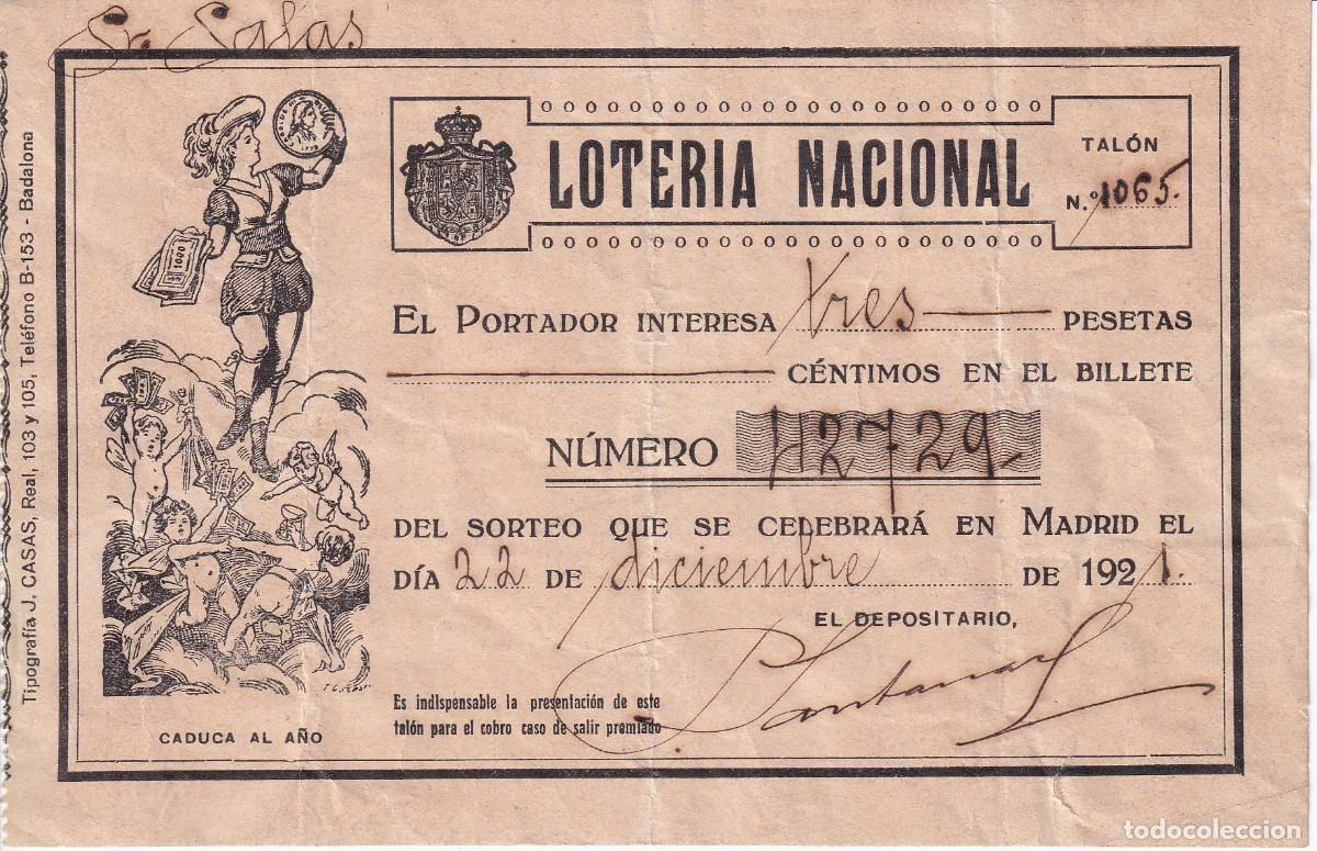 National Spanish Lottery: BILLETE DE LOTERIA NACIONAL DEL A&Ntilde;O 1921 - J. CASAS DE BADALONA