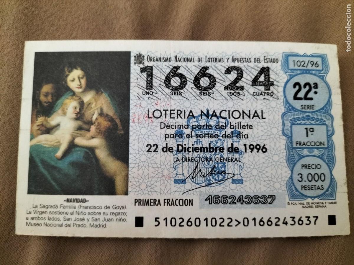 Loter&iacute;a Nacional: 1 DECIMO LOTERIA DEL SABADO - 22 DICIEMBRE 1996 - 102/96 NAVIDAD - SAGRADA FAMILIA - MUSEO DEL PRADO