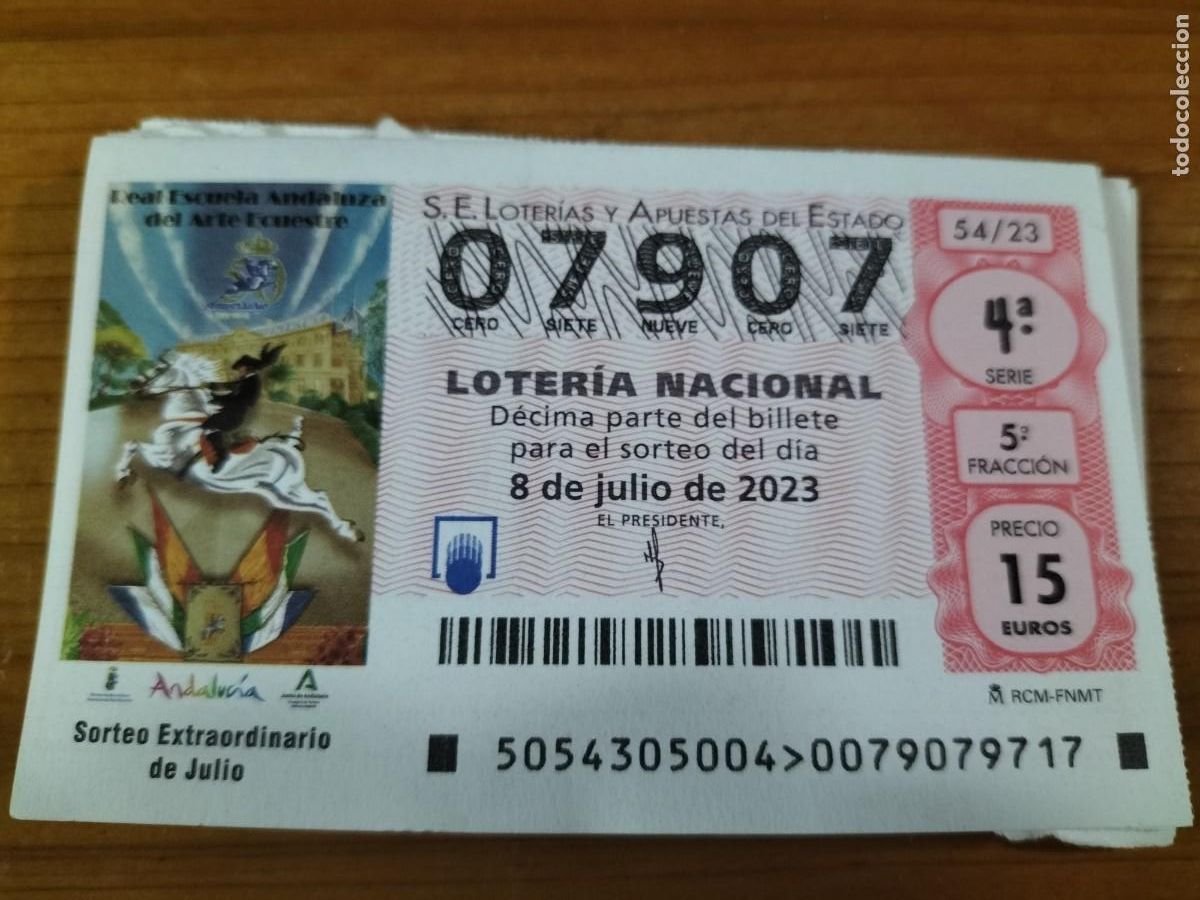 Lotaria Nacional: 1 DECIMO LOTERIA NACIONAL SABADO 8 JULIO 2023 54/23 HIPICA CABALLOS ESCUELA ANDALUZA ARTE ECUESTRE