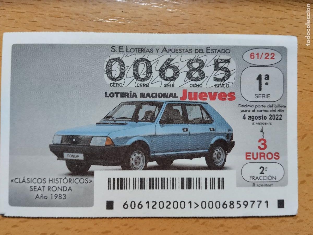 Lotaria Nacional: DECIMO DE LOTERIA NACIONAL A&Ntilde;O 2022 COCHES CLASICOS HISTORICOS SORTEO N&ordm; 61 SEAT RONDA